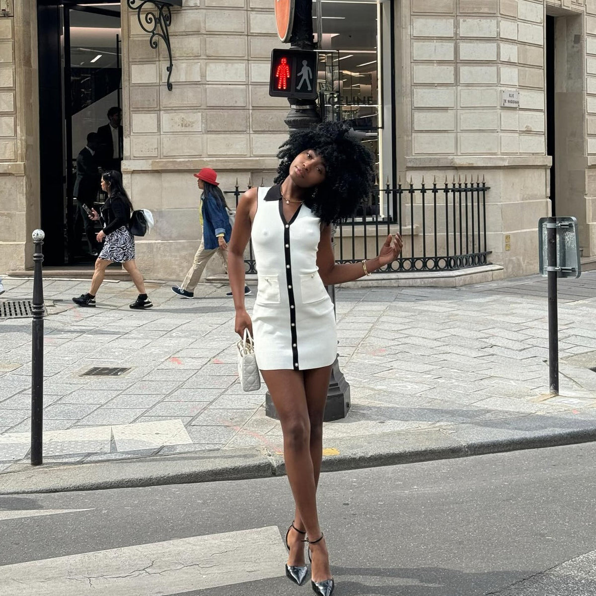 White Collared Contrast Trim Pearl Button Sleeveless Knit Mini Dress
