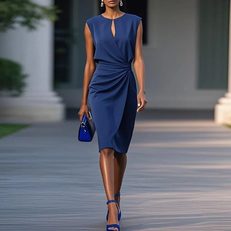 Round Neck Keyhole Ruched Wrap Sleeveless Bodycon Midi Dress 5