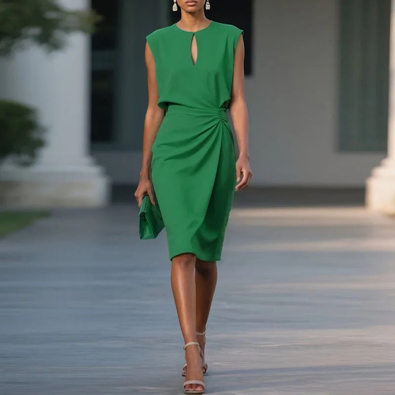 Round Neck Keyhole Cap Sleeve Ruched Wrap Bodycon Midi Dress