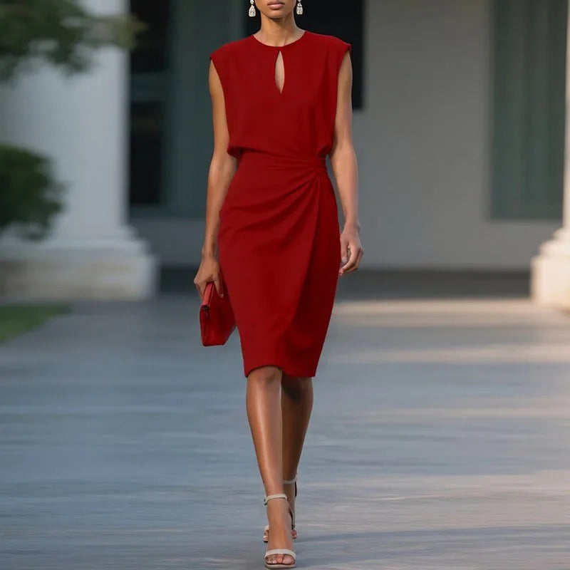 Round Neck Keyhole Cap Sleeve Ruched Wrap Bodycon Midi Dress