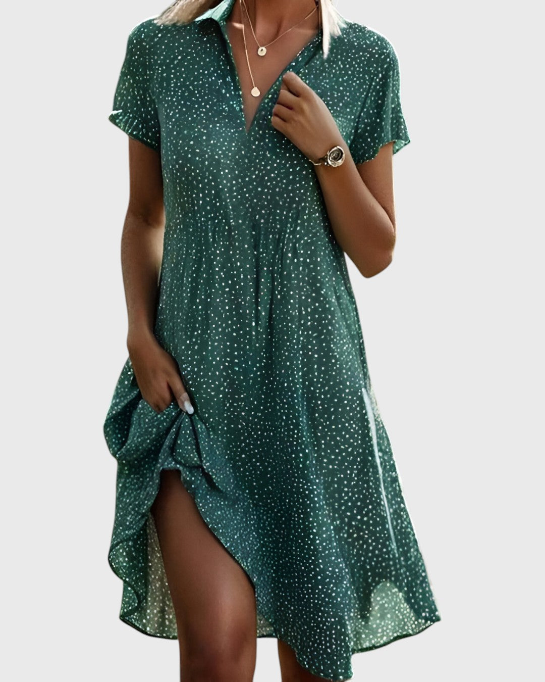 Collared V-Neck Short Sleeve Speckled Print Shift Midi Dress 2
