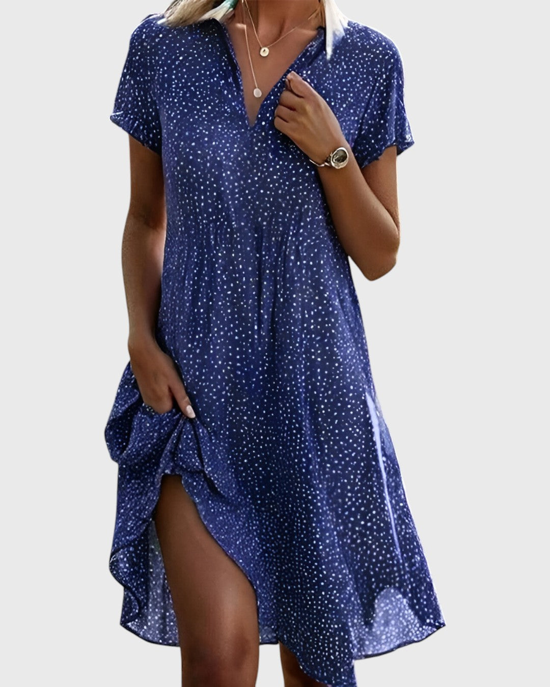 Collared Split Neck Polka Dot Short Sleeve Shift Midi Dress