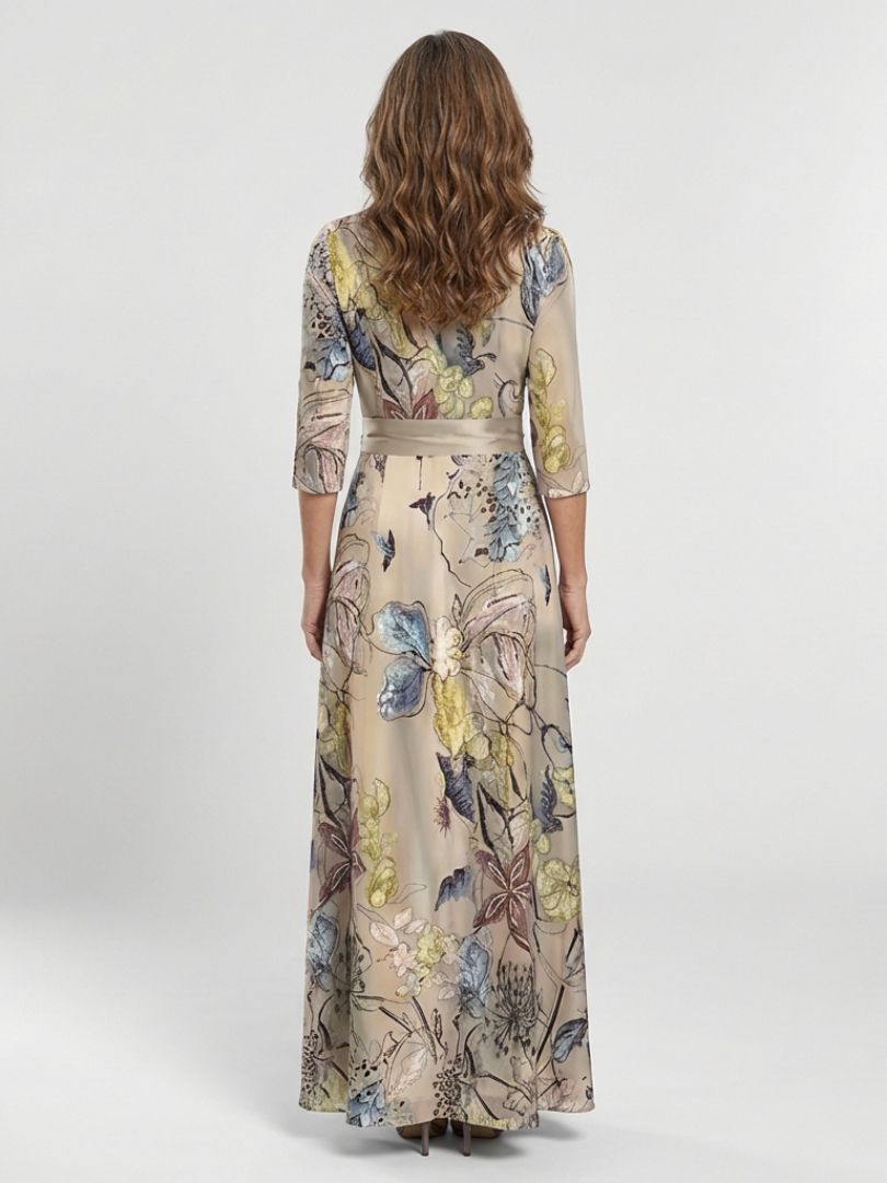Floral Surplice V-Neck Floral Three Quarter Sleeve Wrap Maxi Dress