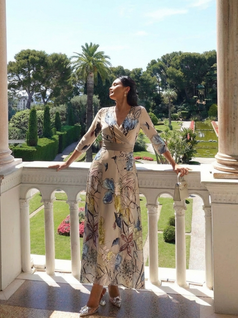 Floral Surplice V-Neck Floral Three Quarter Sleeve Wrap Maxi Dress