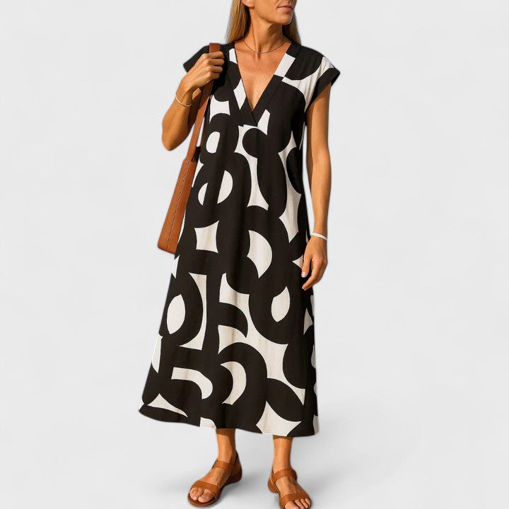 V-Neck Geometric Print Cap Sleeve A-Line Maxi Dress