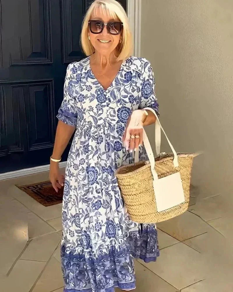 V-Neck Floral Short Sleeve Tiered Ruffle Hem Maxi Dress