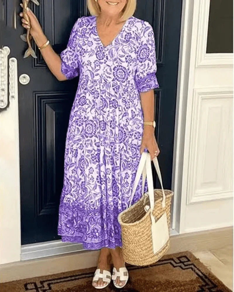 V-Neck Floral Short Sleeve Tiered Ruffle Hem Maxi Dress 4