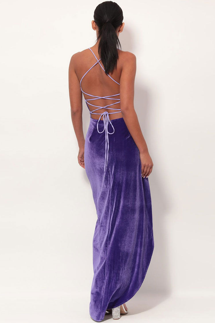 Purple Cowl Neck Velvet High Slit Ruched Backless Slip Maxi Dress