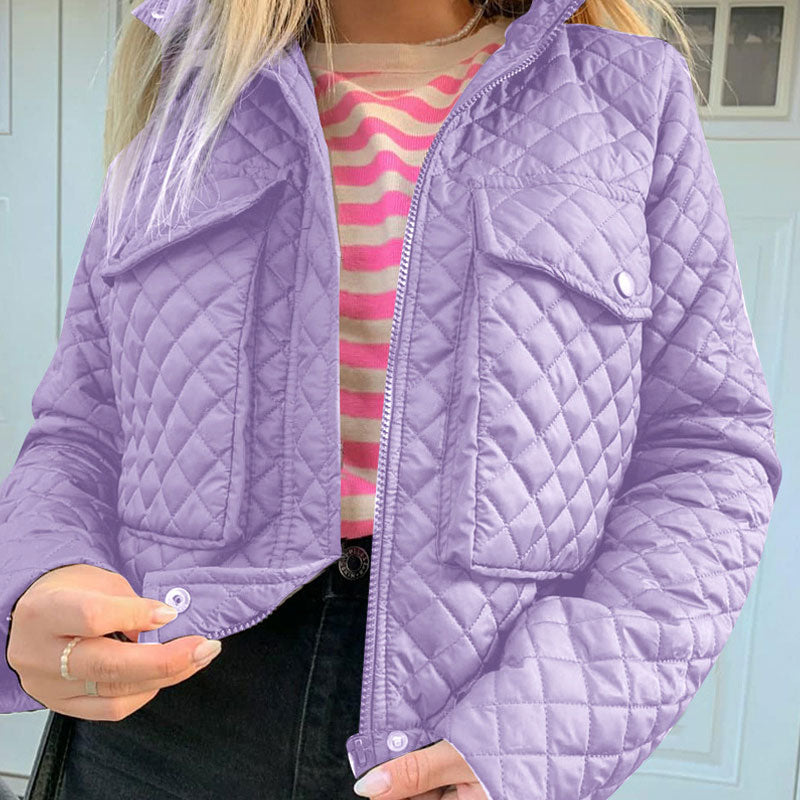 Purple Collar Flap Pocket Long Sleeve Diamond Quilted Jacket