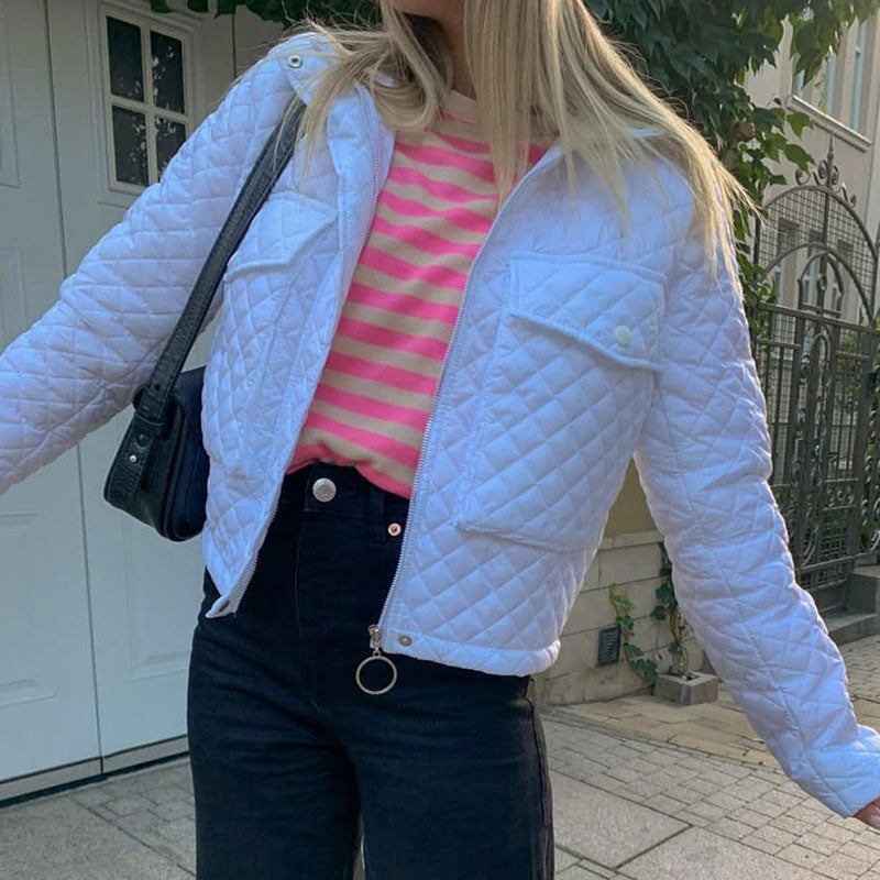 White Collar Flap Pocket Long Sleeve Diamond Quilted Jacket
