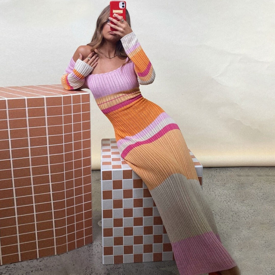 Multicolor Square Neck Long Sleeve Striped Rib Knit Bodycon Maxi Dress