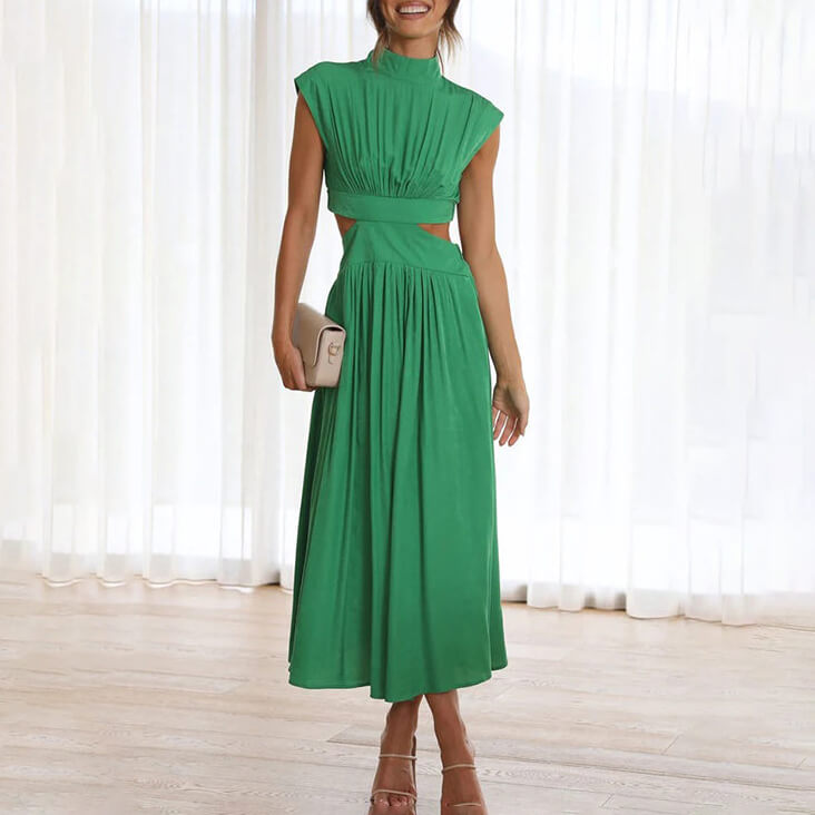 Claudia Minimalist Pleated Dress with High Neck Premium Wardrobe Essential