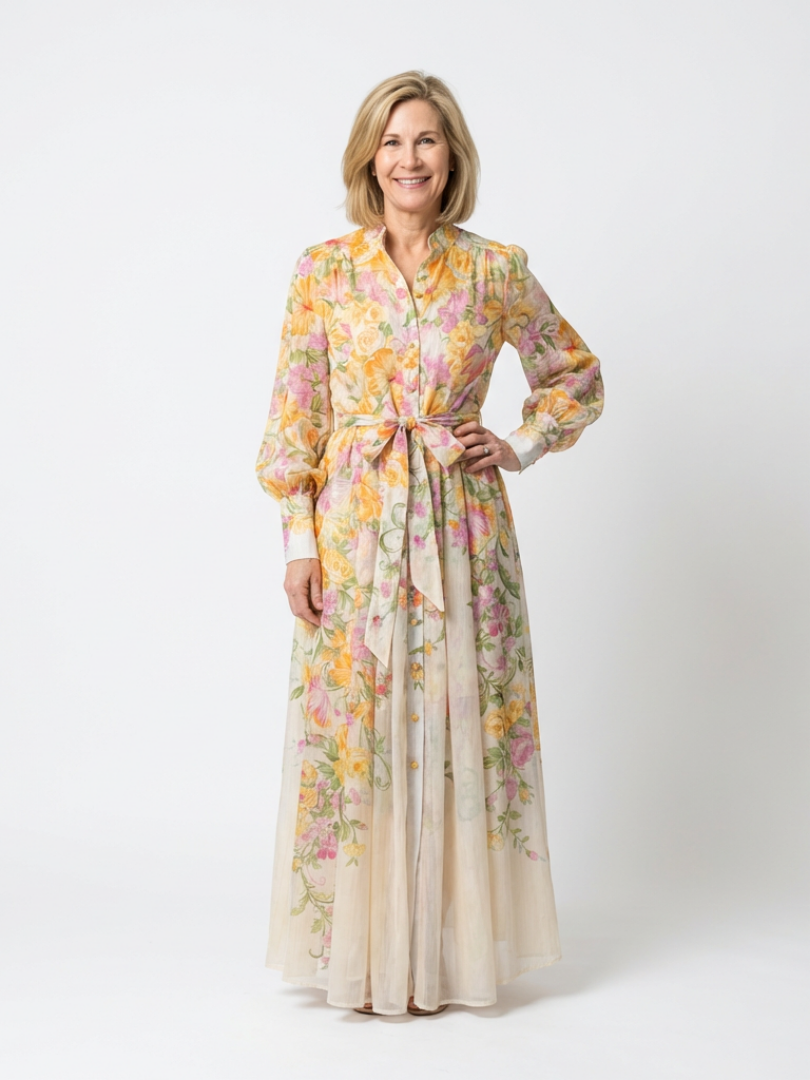 Band Collar Floral Bishop Sleeve Tie Waist Button Front Maxi Dress