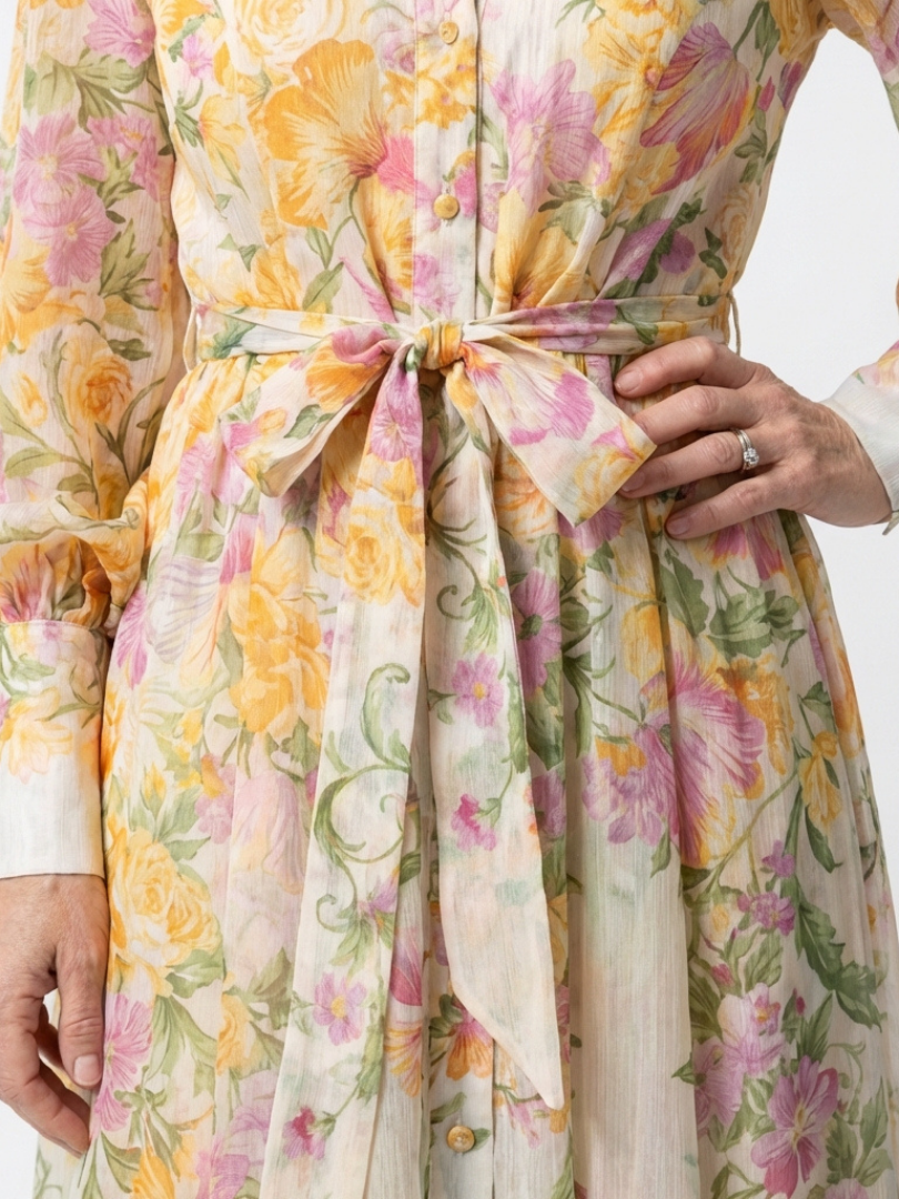 Band Collar Floral Bishop Sleeve Tie Waist Button Front Maxi Dress 3