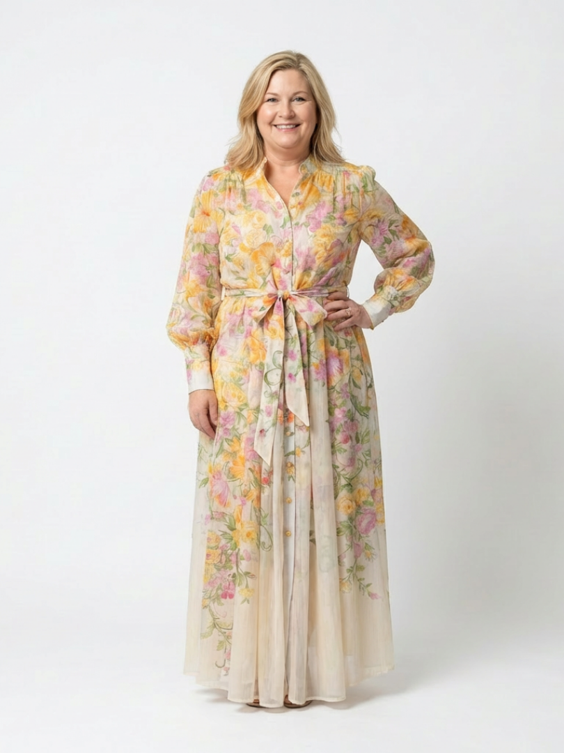 Band Collar Floral Bishop Sleeve Tie Waist Button Front Maxi Dress 4
