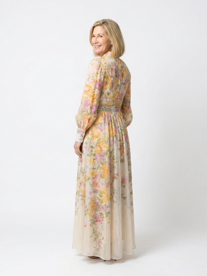 Band Collar Floral Bishop Sleeve Tie Waist Button Front Maxi Dress 2