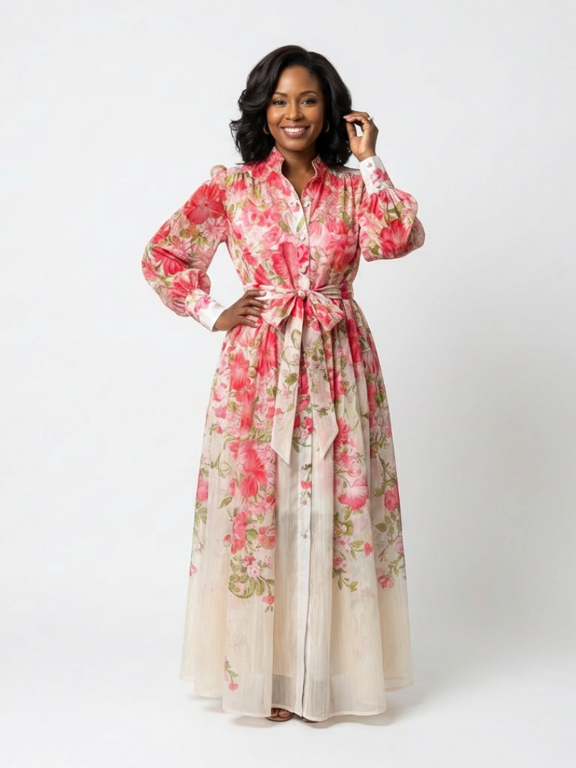 Band Collar Floral Bishop Sleeve Tie Waist Button Front Maxi Dress 5
