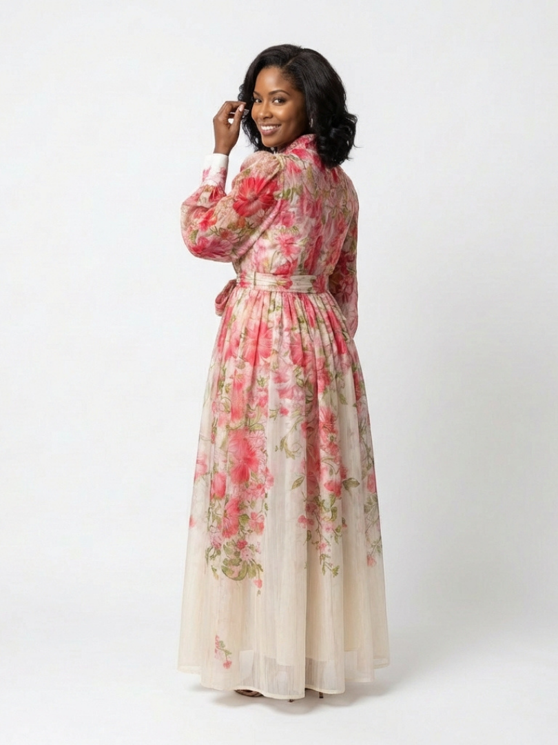 Band Collar Floral Bishop Sleeve Tie Waist Button Front Maxi Dress 6
