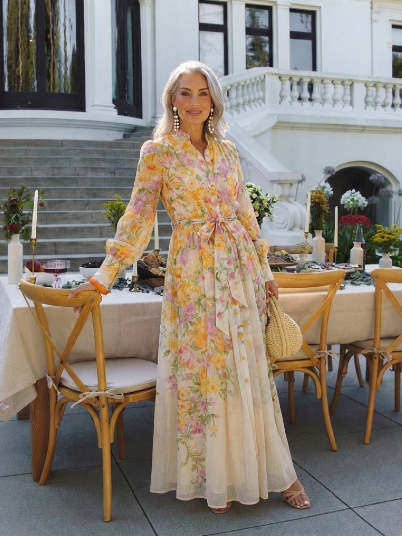 Band Collar Floral Bishop Sleeve Tie Waist Button Front Maxi Dress 8