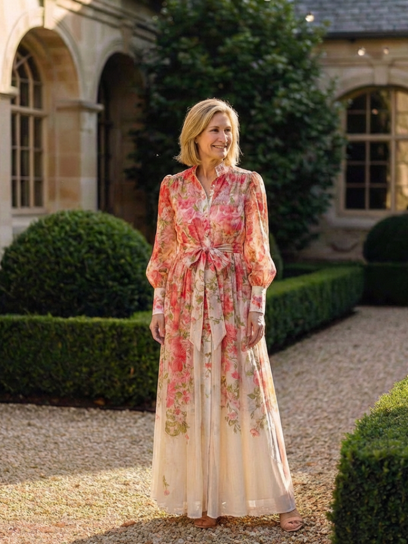 Band Collar Floral Bishop Sleeve Tie Waist Button Front Maxi Dress 7
