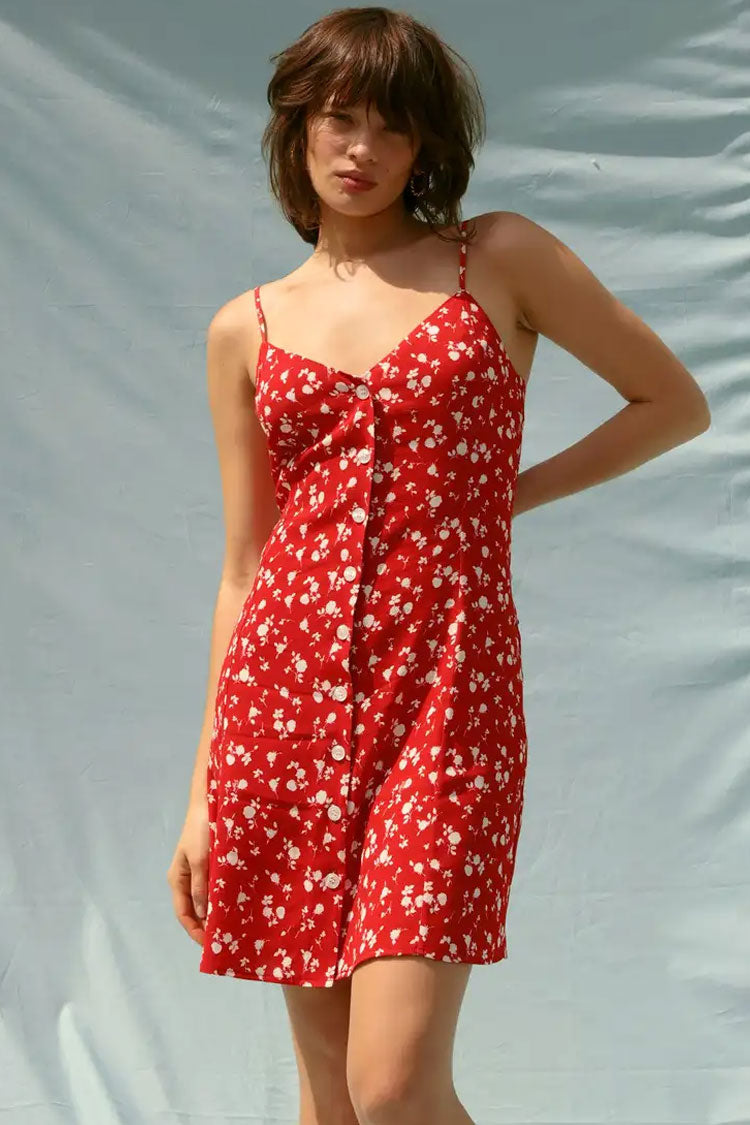 Red V-Neck Ditsy Floral Button Up Spaghetti Strap Slip Mini Dress