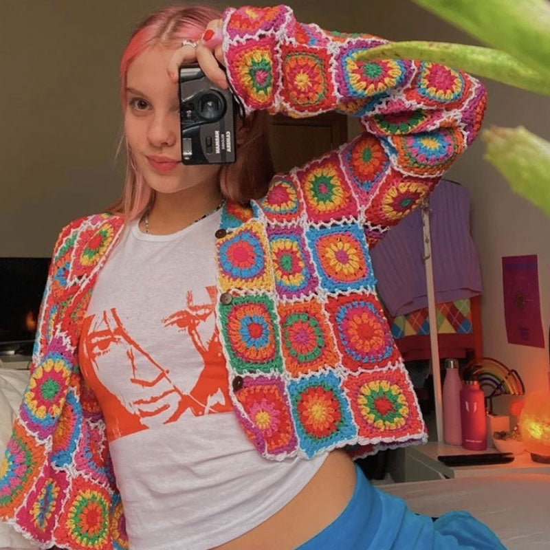 Multicolor Granny Square Floral Crochet Knit Button Down Cardigan