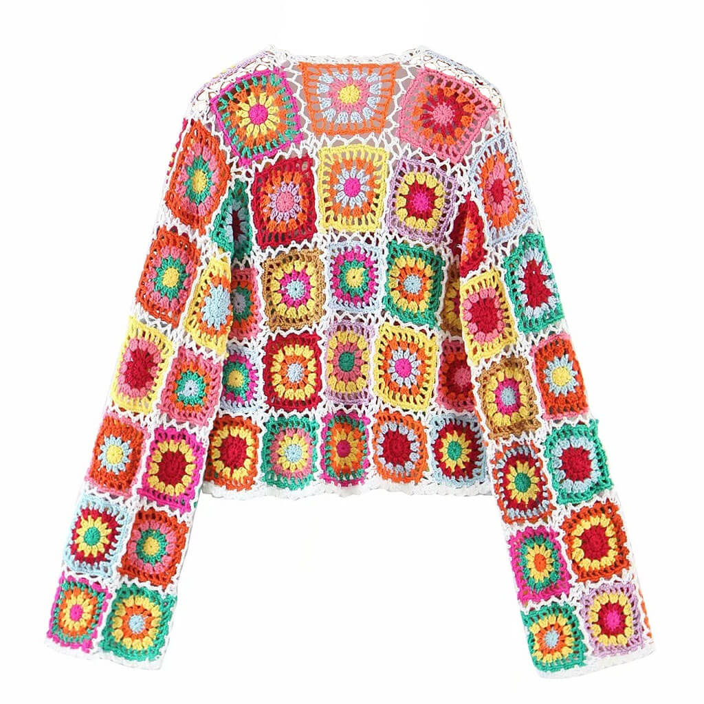 Multicolor Granny Square Floral Crochet Knit Button Down Cardigan