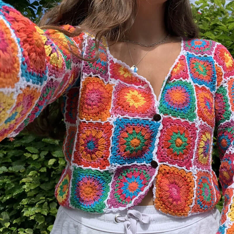 Multicolor Granny Square Floral Crochet Knit Button Down Cardigan