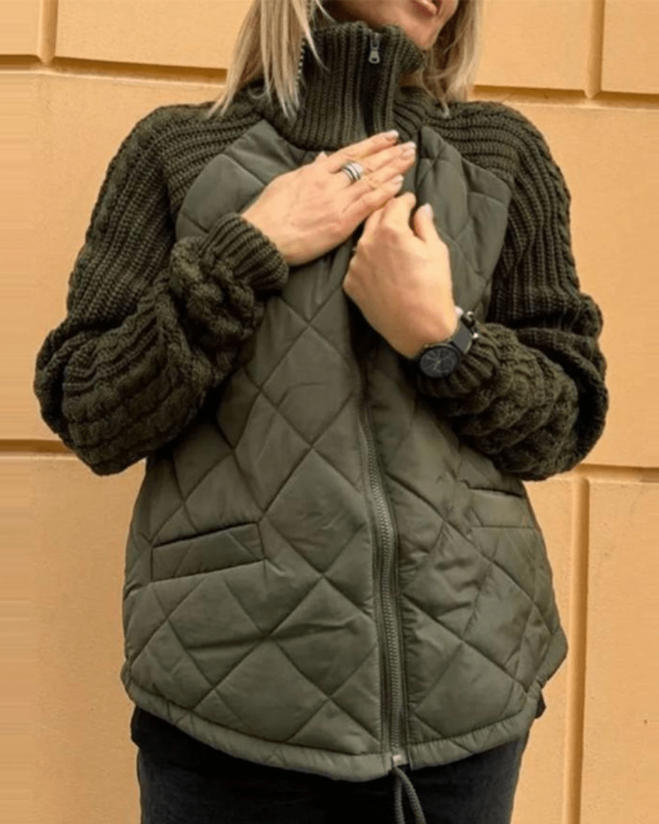 Stand Collar Zip Front Quilted Cable Knit Sleeve Jacket