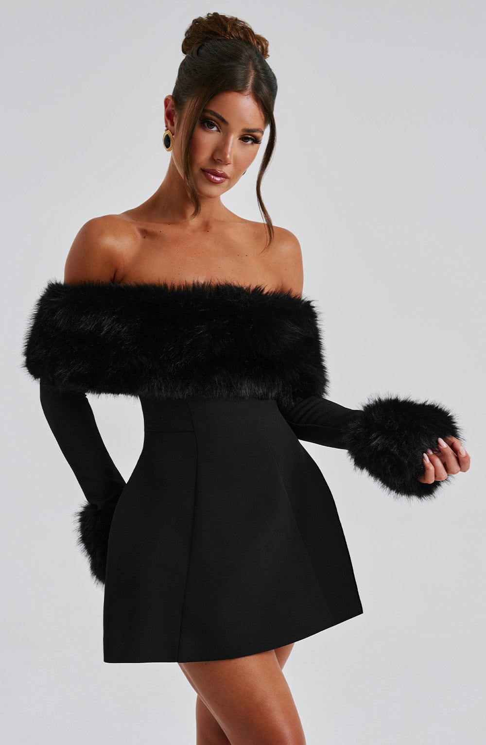 Rory Off Shoulder Fur Sleeve Mini Dress