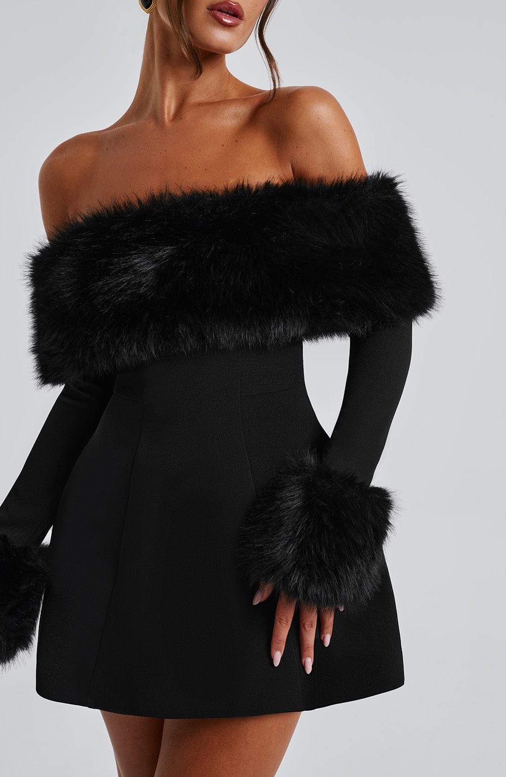 Rory Off Shoulder Fur Sleeve Mini Dress