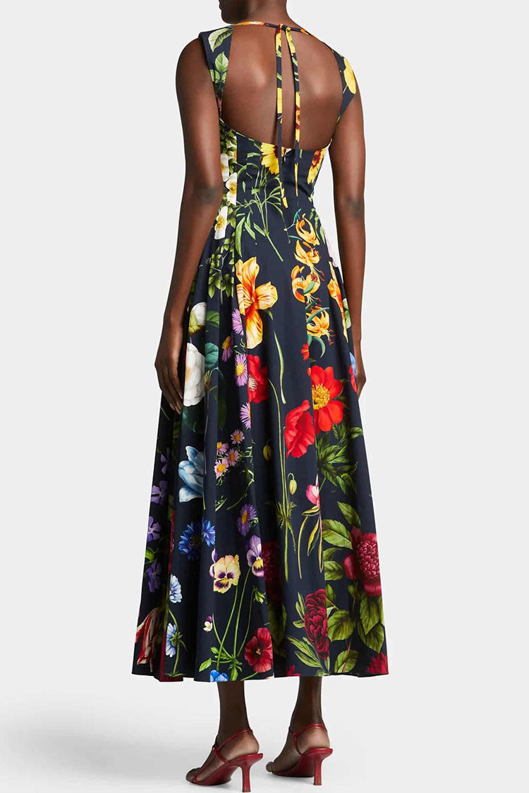 Black Square Neck Floral Print Sleeveless A-Line Midi Dress