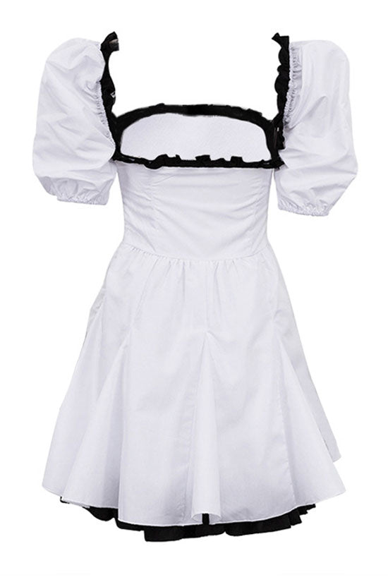 Contrast Ruffle Trim Square Neck Puff Sleeve Fit and Flare Mini Dress 5