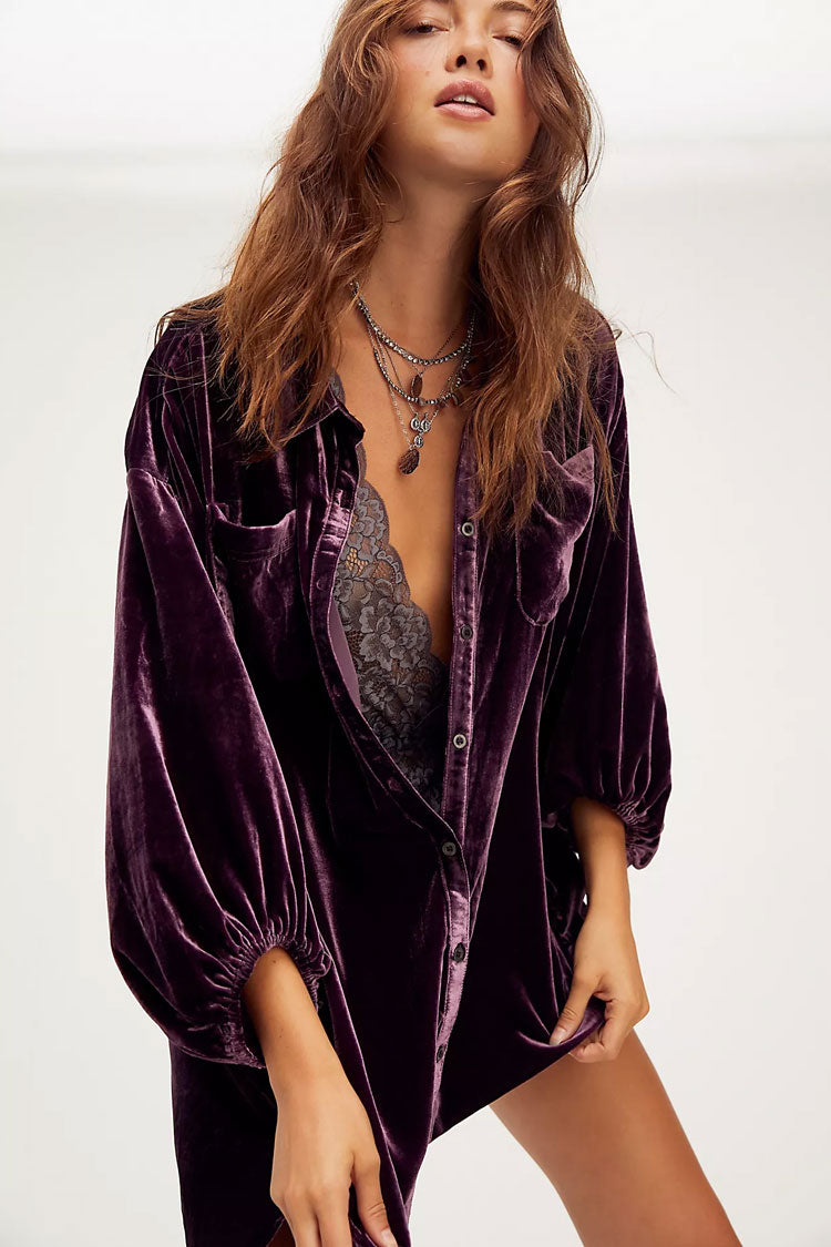 Purple Collared Bishop Sleeve Button Up Velvet Oversized Shirt Dress