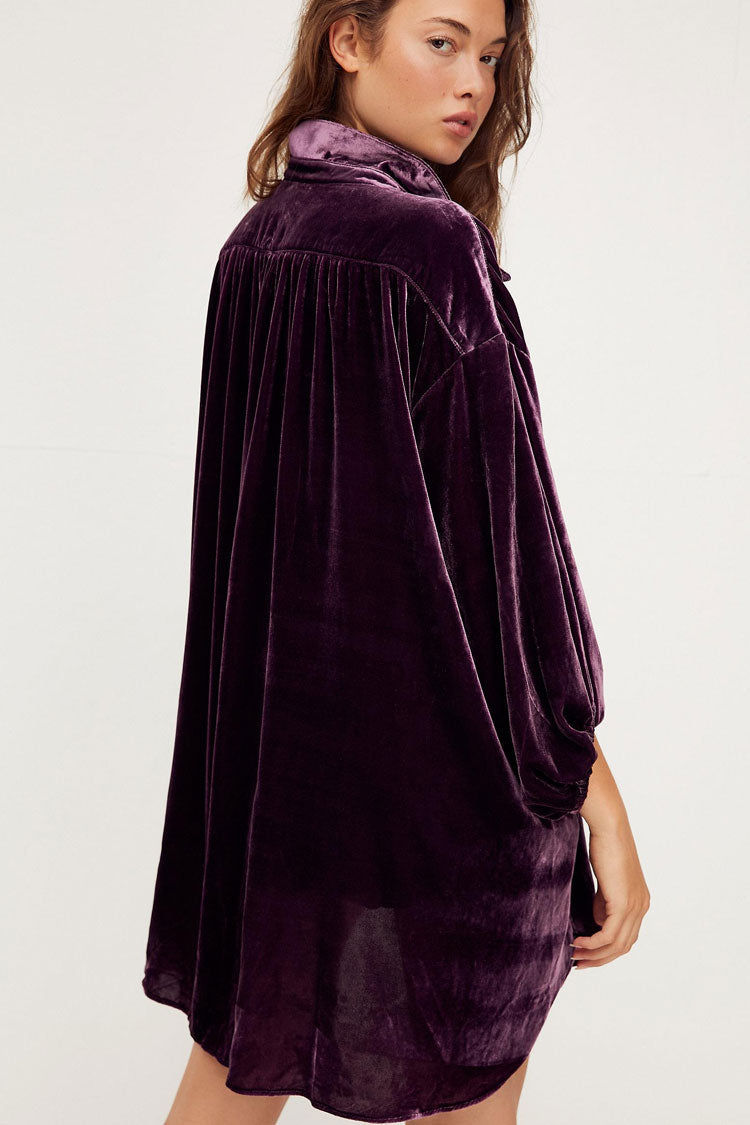 Purple Collared Bishop Sleeve Button Up Velvet Oversized Shirt Dress 2