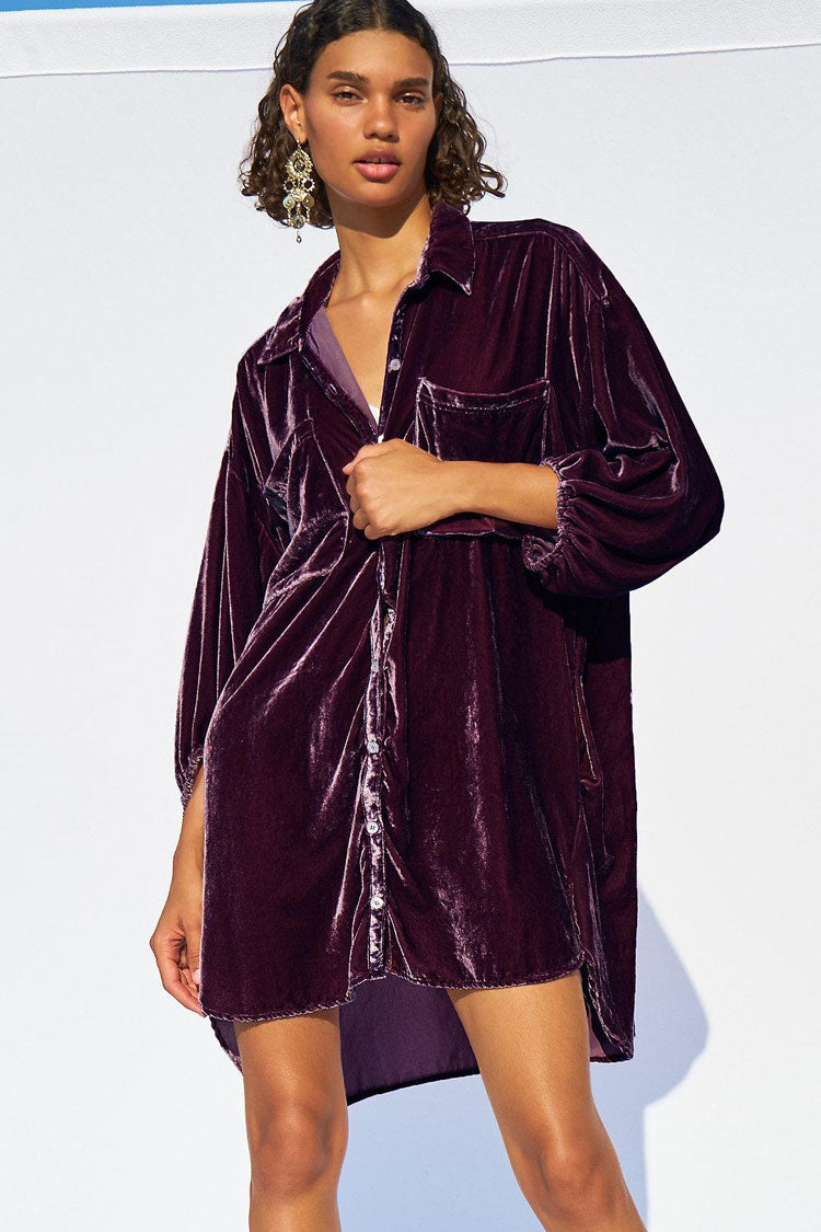 Purple Collared Bishop Sleeve Button Up Velvet Oversized Shirt Dress 4