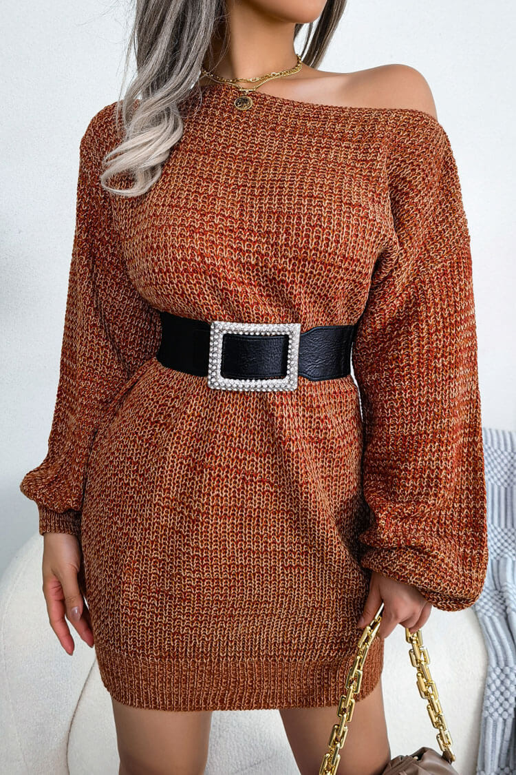 Coffee Boat Neck Long Sleeve Marled Knit Sweater Mini Dress