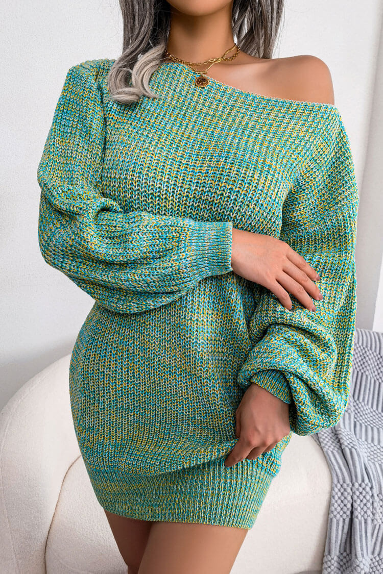 Blue Boat Neck Long Sleeve Marled Knit Sweater Mini Dress
