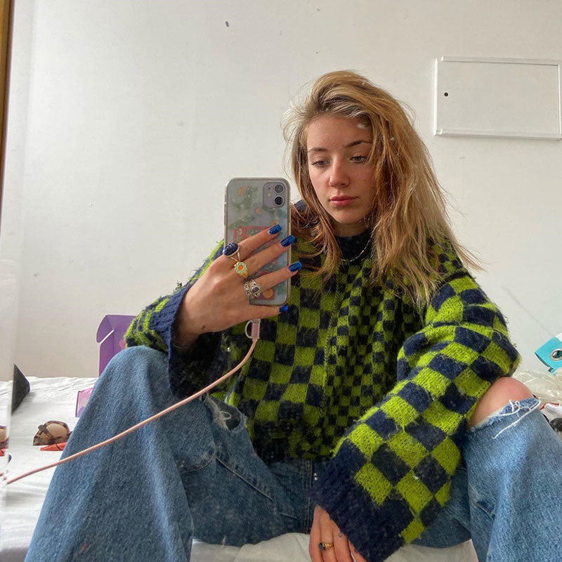 Green Mock Neck Checkerboard Pattern Long Sleeve Knit Cropped Sweater