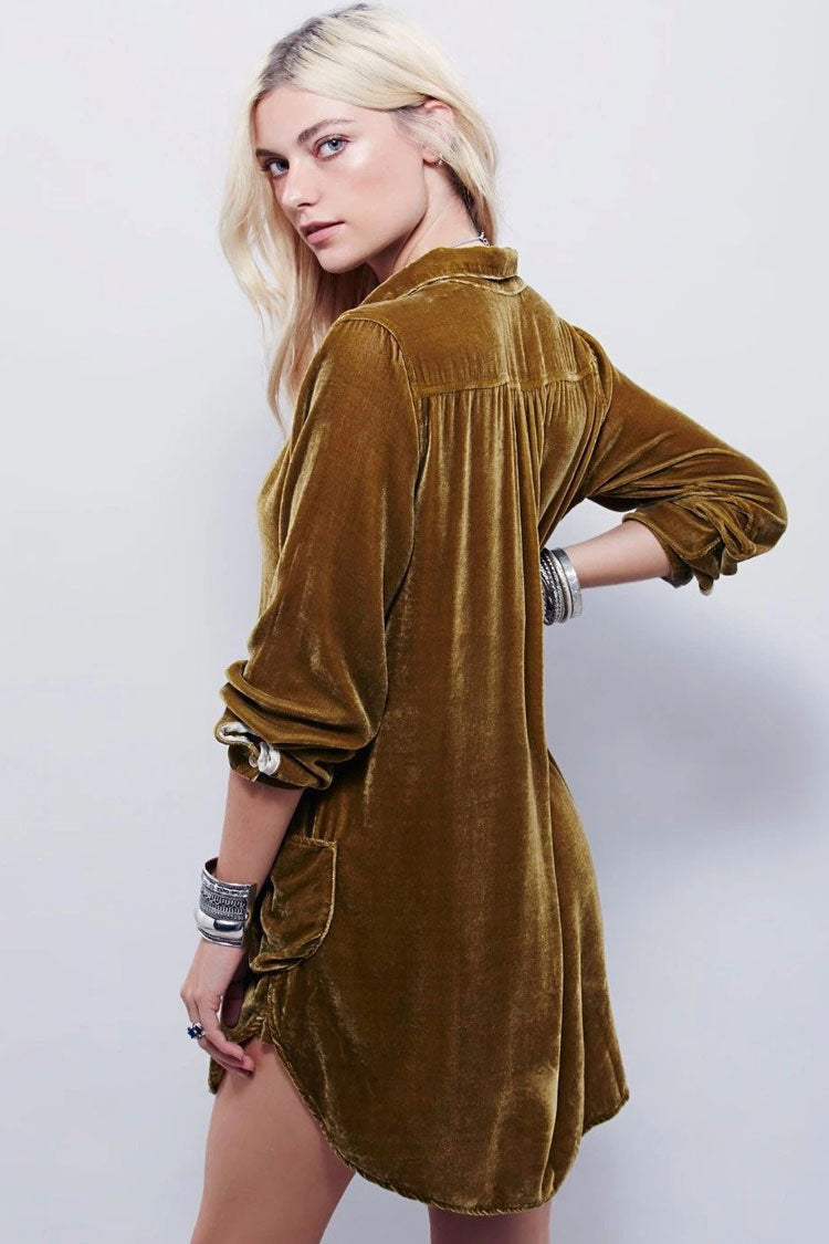 Khaki Collared V-Neck Long Sleeve Velvet Pocket Shirt Mini Dress