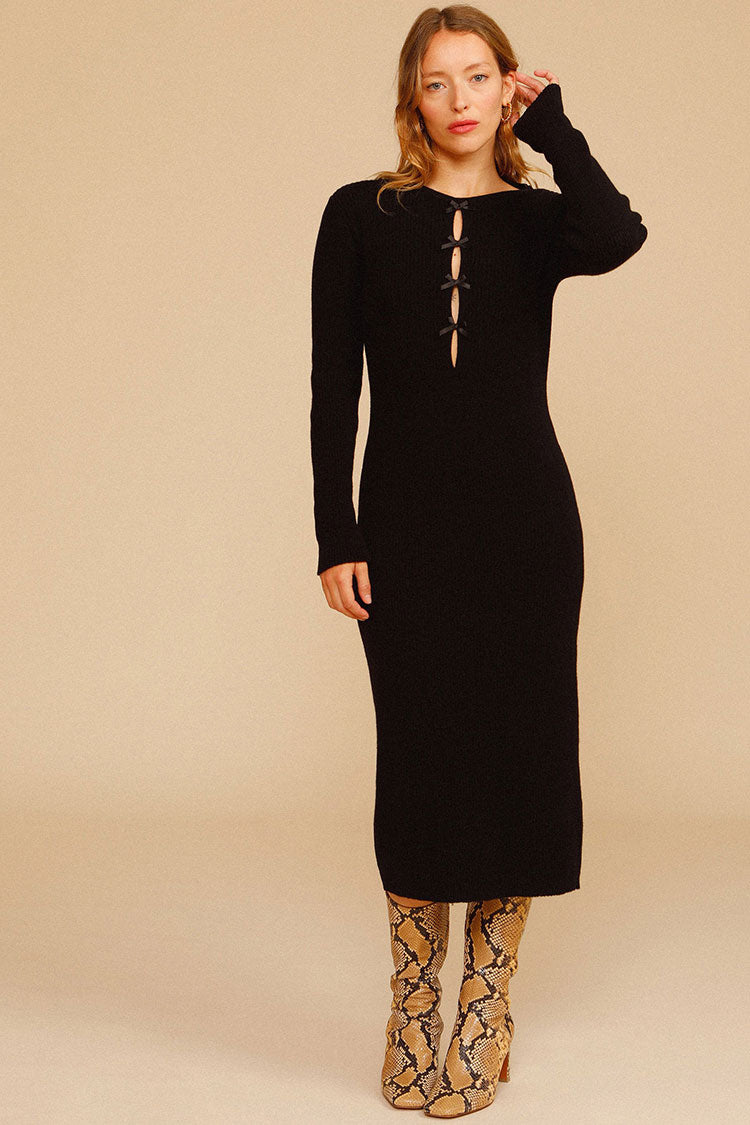 Black Round Neck Bow Keyhole Ribbed Knit Long Sleeve Midi Dress