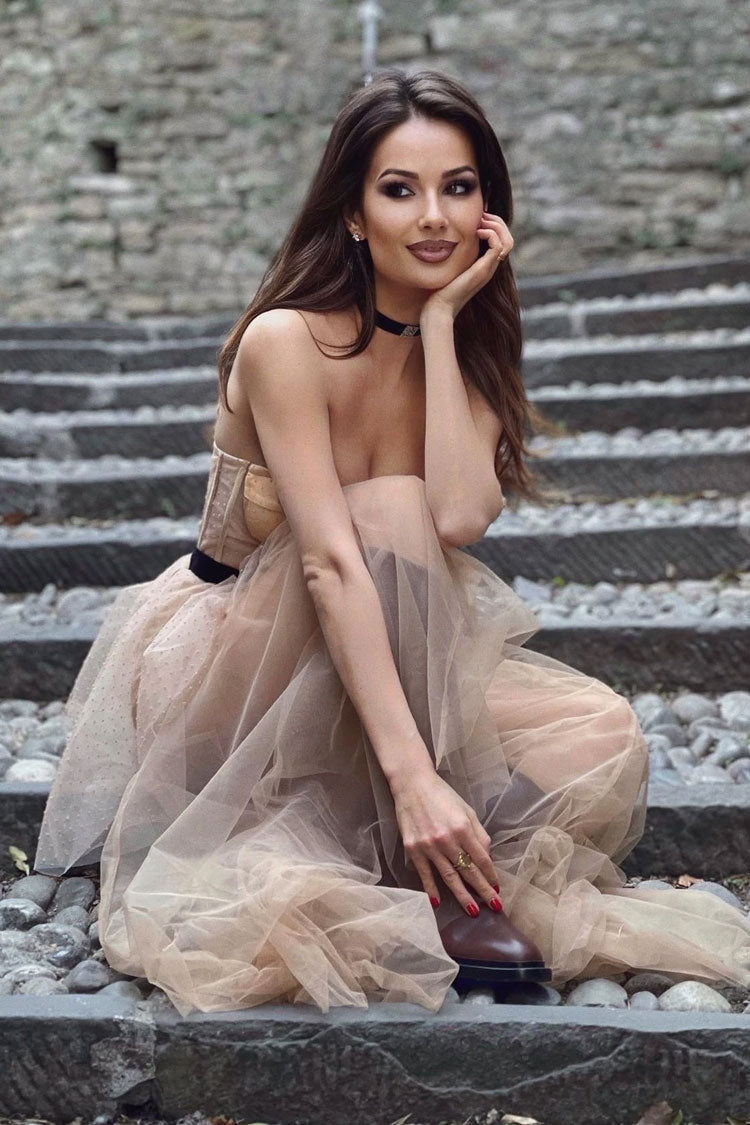 Khaki Strapless Corset Belted Sheer Tulle Peplum Maxi Dress