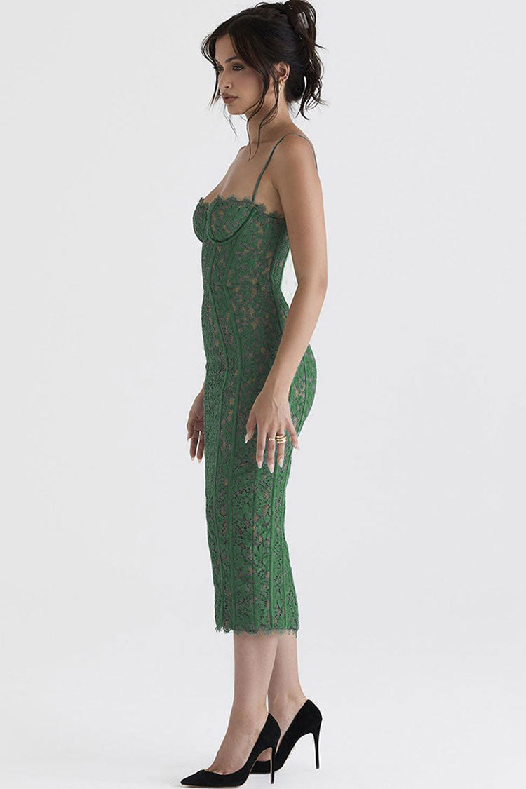 Green Spaghetti Strap Sweetheart Eyelash Lace Corset Bodycon Midi Dress