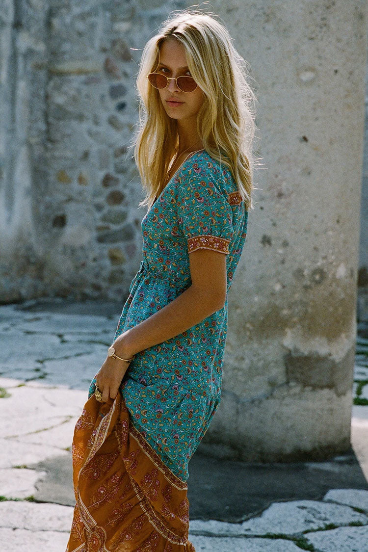 Teal Blue V-Neck Button Front Floral Print Tiered Boho Midi Dress