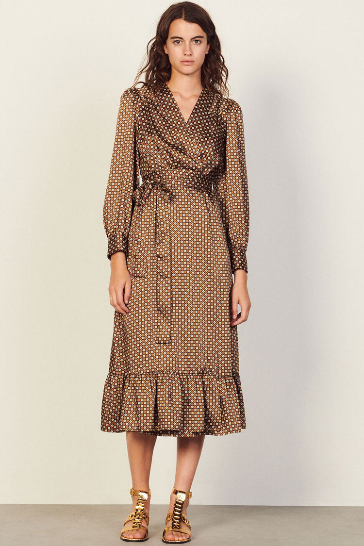 Coffee V-Neck Printed Puff Sleeve Ruffle Hem Wrap Midi Dress