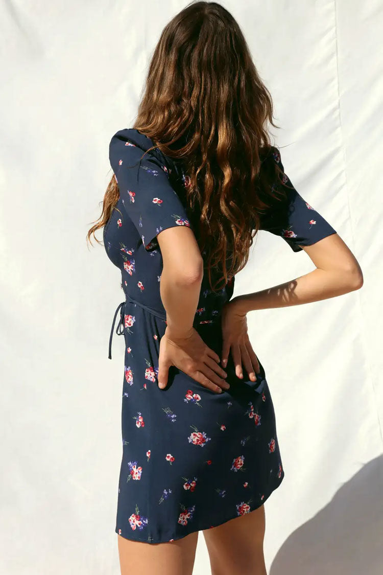 Navy Blue V-Neck Puff Sleeve Floral Wrap Tie Mini Dress