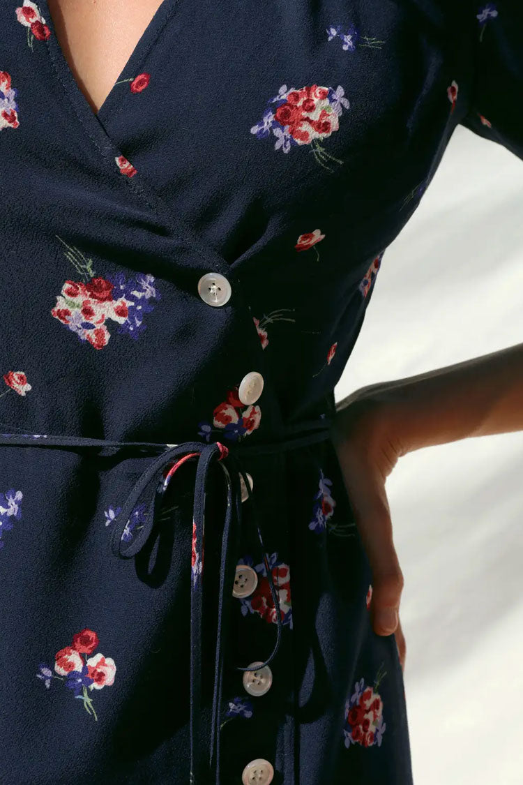 Navy Blue V-Neck Puff Sleeve Floral Wrap Tie Mini Dress