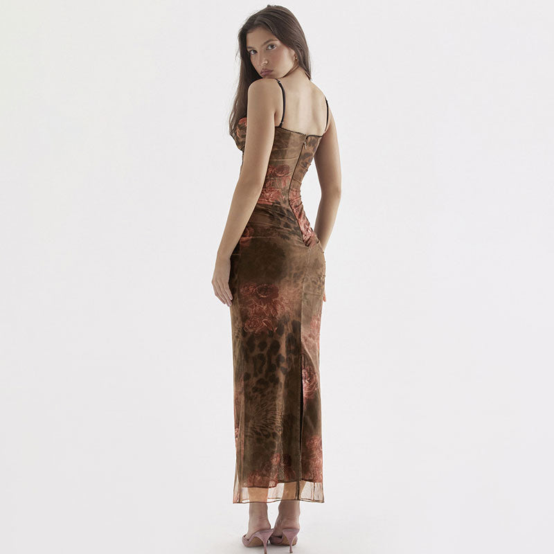 Square Neck Spaghetti Strap Ruched Mesh Floral Print High Slit Maxi Dress 3