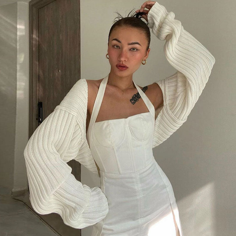 White Drop Shoulder Rib Knit Long Sleeve Cropped Shrug Cardigan 2