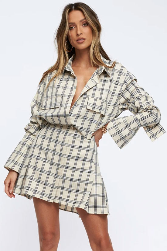 Khaki Collared Long Sleeve Button Down Plaid Shirt Mini Dress